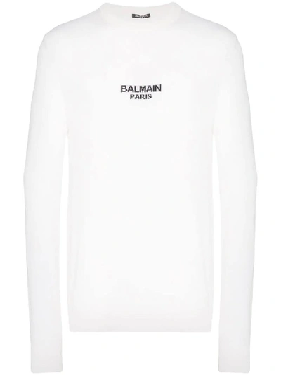 Shop Balmain Wool Logo Sweater White