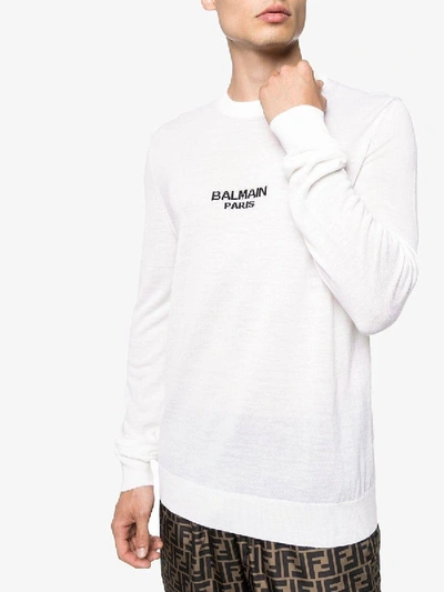 Shop Balmain Wool Logo Sweater White