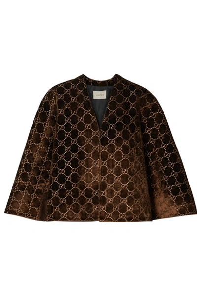 Shop Gucci Velvet-jacquard Cape In Brown