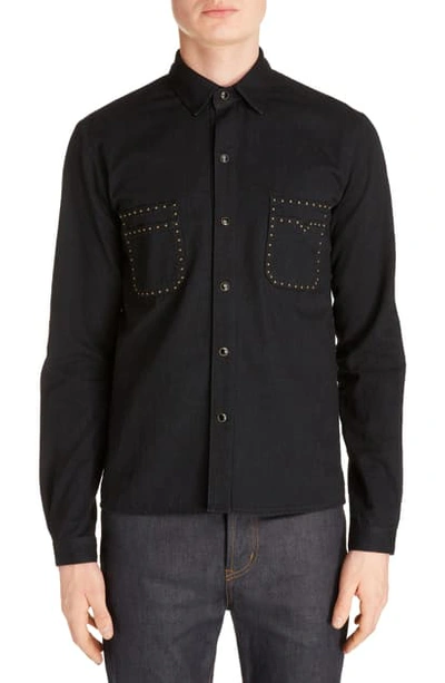 Shop Saint Laurent Straight Fit Studded Snap-up Shirt In Black