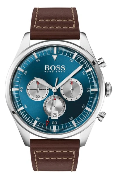 Shop Hugo Boss Pioneer Chronograph Leather Strap Watch, 44mm In Brown/ Blue/ Silver