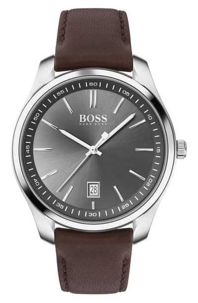 Shop Hugo Boss Circuit Leather Strap Watch, 42mm In Brown/ Grey/ Silver