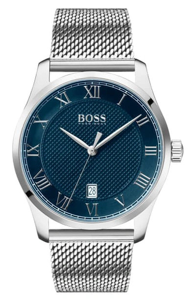 Shop Hugo Boss Master Mesh Strap Watch, 41mm In Silver/ Blue/ Silver