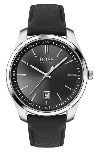 Shop Hugo Boss Circuit Leather Strap Watch, 42mm In Black/ Silver