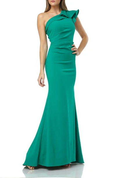 Shop Carmen Marc Valvo Infusion One-shoulder Gown In Green