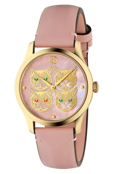 Shop Gucci G-timeless Leather Strap Watch, 38mm In Pink/ Mop/ Gold