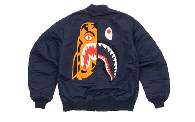 Pre-owned Bape Split Tiger Shark Ma1 Bomber Jacket Navy