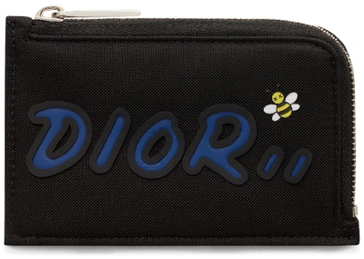 Pre-owned Dior  X Kaws Zippered Card And Coin Holder Blue Logo Nylon Black