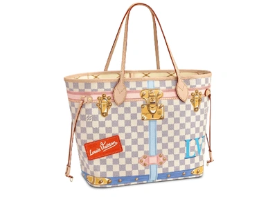 Pre-owned Louis Vuitton Neverfull Damier Azur Tromp L'oeil Screen (without Pouch) Mm Beige Lining In White/blue Multicolor