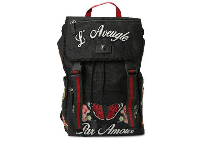 Pre-owned Gucci  Backpack L'aveugle Par Amour Embroidered Web Strap Black