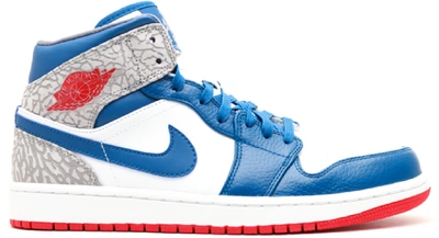 Pre-owned Jordan  1 Retro Mid True Blue In White/fire Red-true Blue-cement Grey