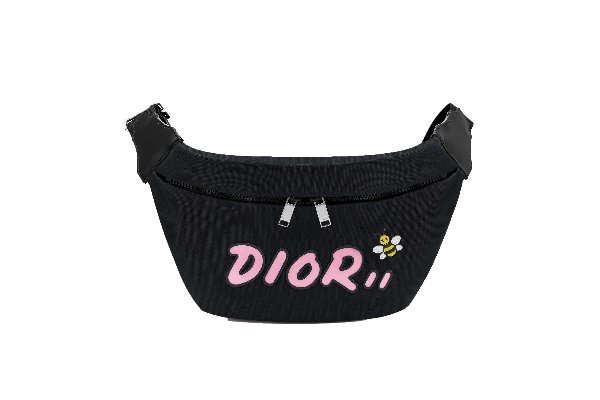 dior x kaws black nylon pouch with pink dior logo