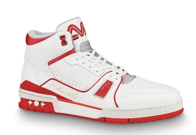 Pre-owned Louis Vuitton Lv Trainer Sneaker Mid White Red In White