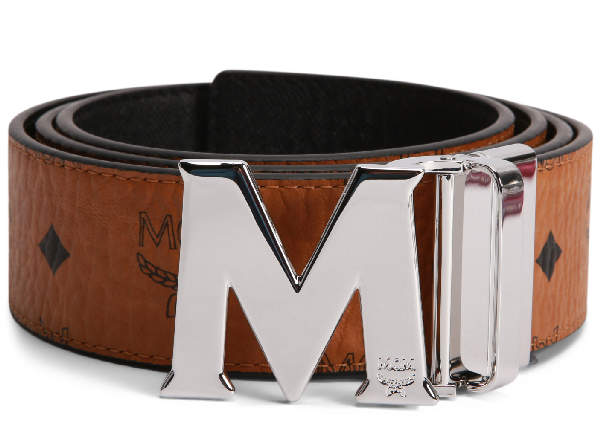 MCM Claus M Reversible Belt Visetos Silver Cobalt-tone 1.75W 51In/130Cm Cognac
