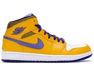 Pre-owned Jordan Air  1 Mid Lakers In University Gold/tour Yellow-white-grape Ice