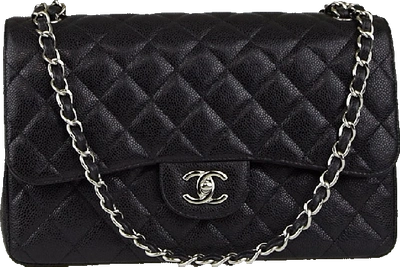 Pre-owned Chanel Classic Double Flap Quilted Caviar Silver-tone Jumbo Black