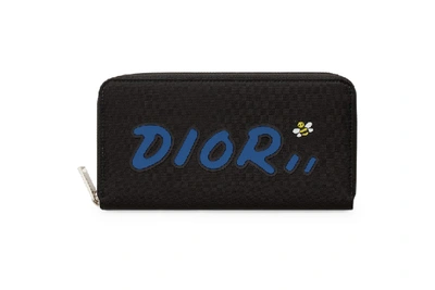 Pre-owned Dior X Kaws Zippered Wallet Blue Logo Nylon Black