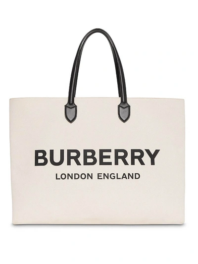 Shop Burberry Logo Detailed Off White Cotton Blend Tote
