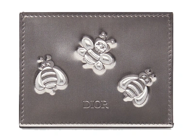 Pre-owned Dior  X Kaws Card Holder Calfskin Bee Print Silver