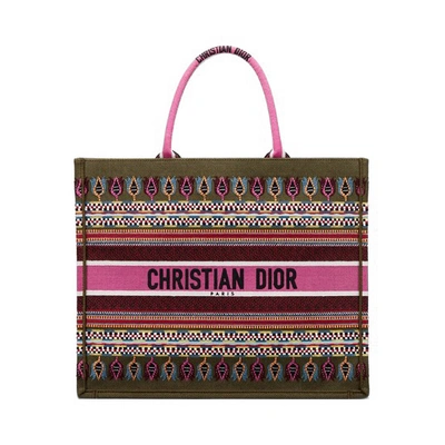 Pre-owned Dior Book Tote Embroidered Canvas Pink Multicolor