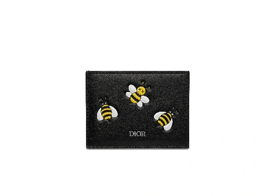 Pre-owned Dior  X Kaws Card Holder With Pocket Yellow Bees Black