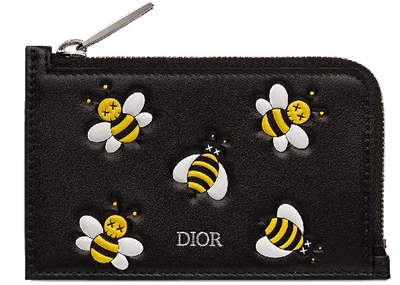 Pre-owned Dior  X Kaws Zipped Card And Coin Holder Yellow Bees Black