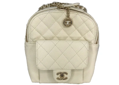 Pre-owned Chanel Cc Day Backpack Quilted Grained Calfskin Gold-tone White