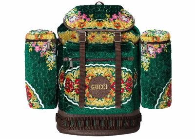 Pre-owned Gucci  Jacquard Backpack Floral Velvet Large Green Multicolor