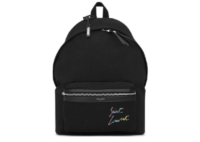 Pre-owned Saint Laurent City Canvas Backpack  Embroidery Silver-tone Black