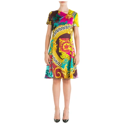 Shop Versace Women's Knee Length Dress Short Sleeve In Yellow