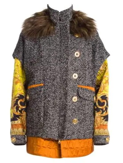 Shop Versace Faux Fur Collar Tweed Quilted Parka In Red Multi