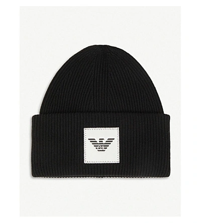 Shop Emporio Armani Logo-path Ribbed Wool-blend Beanie Hat In Black