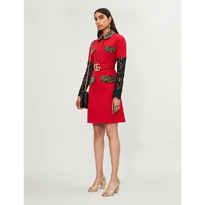 Shop Gucci Leopard-trim Wool And Silk-blend Dress In Red