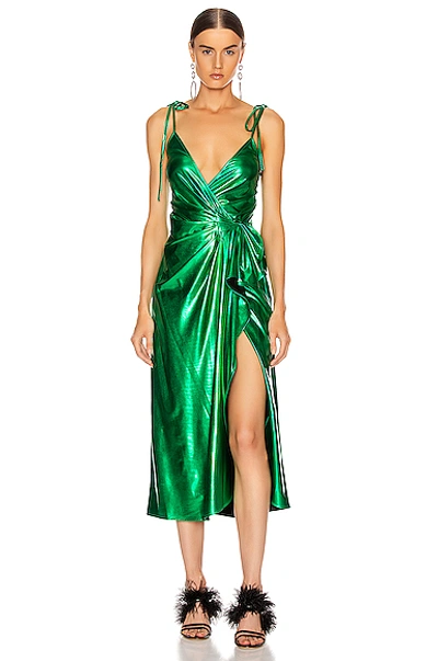 Shop Attico Lame Wrap Dress In Emerald