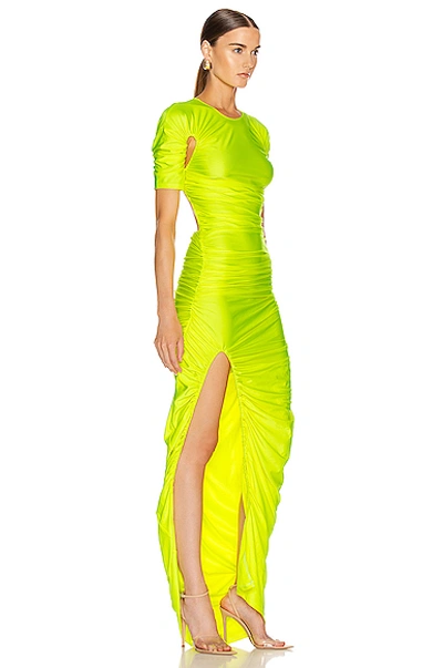 Shop Mugler Cutout Ruched Slit Dress In Fluo Yellow