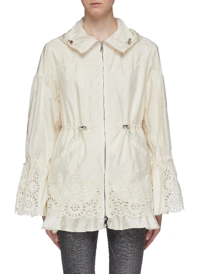 Shop Moncler 'brazzaville' Floral Lace Trim Drawstring Waist Hooded Parka