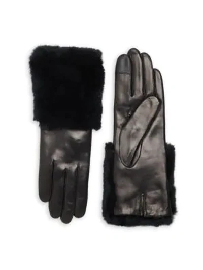 Shop Carolina Amato Rabbit Fur-trim Leather Gloves In Black