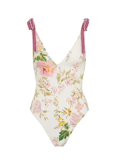 Shop Zimmermann 'heathers' Tie Shoulder Garden Floral Print One-piece Swimsuit