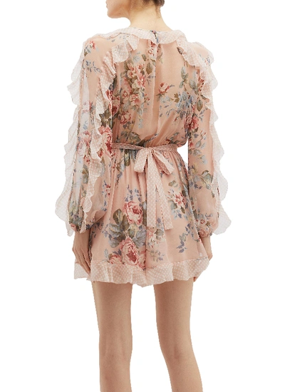 Shop Zimmermann 'bowie Frill' Belted Ruffle Floral Print Silk Rompers
