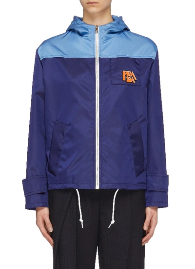 Shop Prada Textured Logo Appliqué Hooded Colourblock Windbreaker Jacket