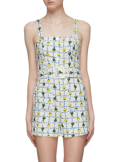Shop Staud 'pomelo' Print Belted Linen Sleeveless Rompers