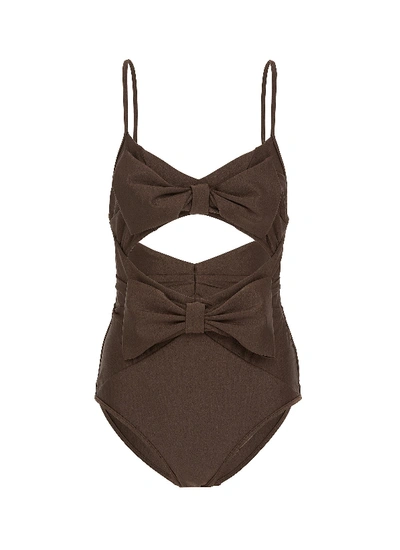 Shop Zimmermann 'corsage' Bow Front Cutout One-piece Swimsuit In Brown
