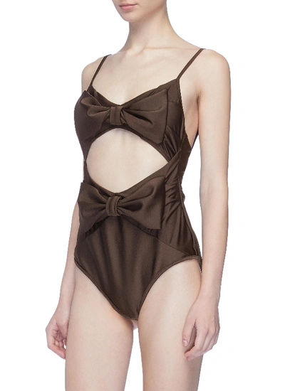 Shop Zimmermann 'corsage' Bow Front Cutout One-piece Swimsuit In Brown