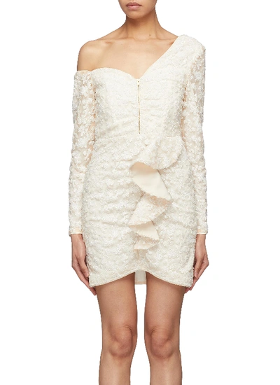 Shop Self-portrait Zip Front Ruffle Sequin One-shoulder Dress In White