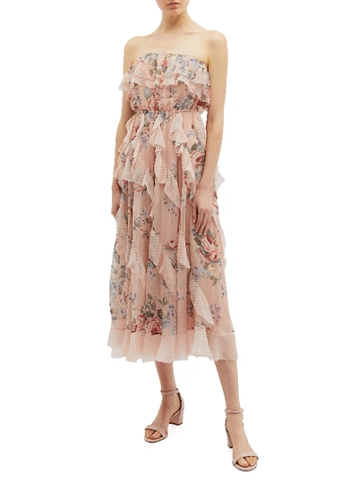 Shop Zimmermann 'bowie Waterfall' Ruffle Floral Print Silk Strapless Dress