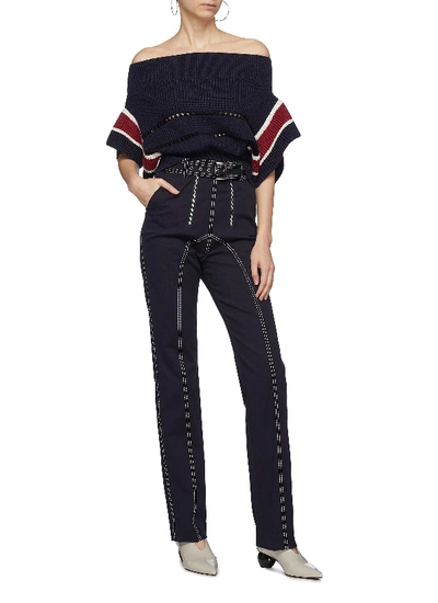Shop Self-portrait Belted Contrast Topstitching Canvas Pants In Blue