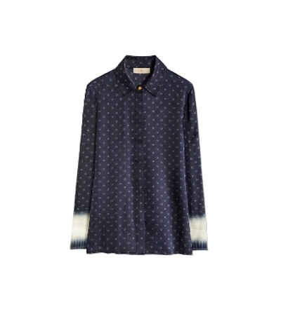 Shop Tory Burch Printed Silk Satin Shirt In Shibori Dip Dye