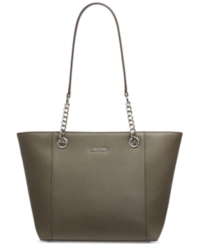 Shop Calvin Klein Hayden Saffiano Leather Large Tote In Olive/silver