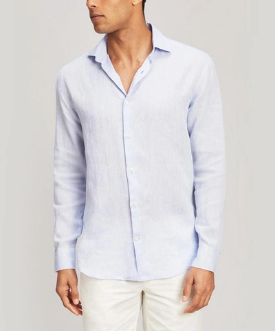 Shop Frescobol Carioca Italian Linen Long Sleeve Shirt In Baby Blue