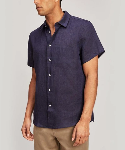 Shop Frescobol Carioca Italian Linen Short Sleeve Shirt In Blue